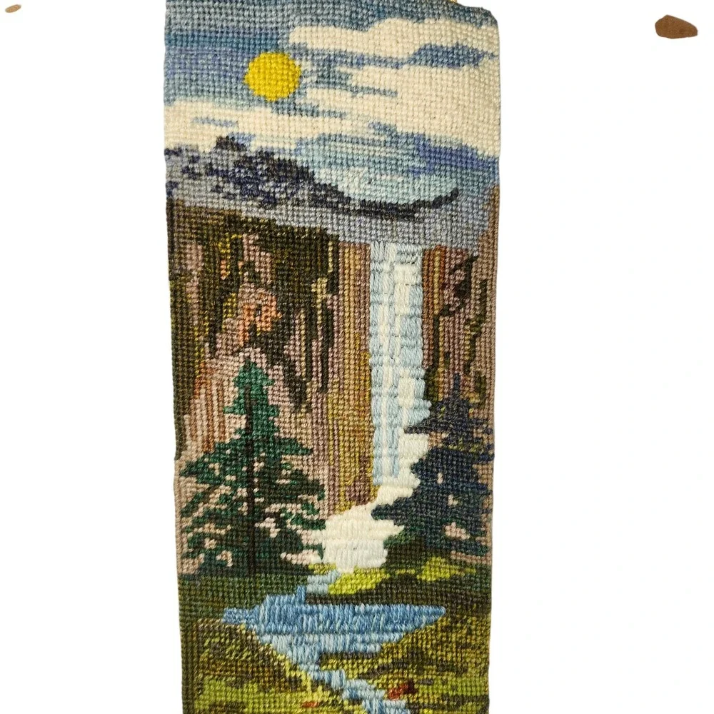 Vintage Needlepoint Bell Pull Wall Hanging Waterfall Landscape Wood Dowel 35x6